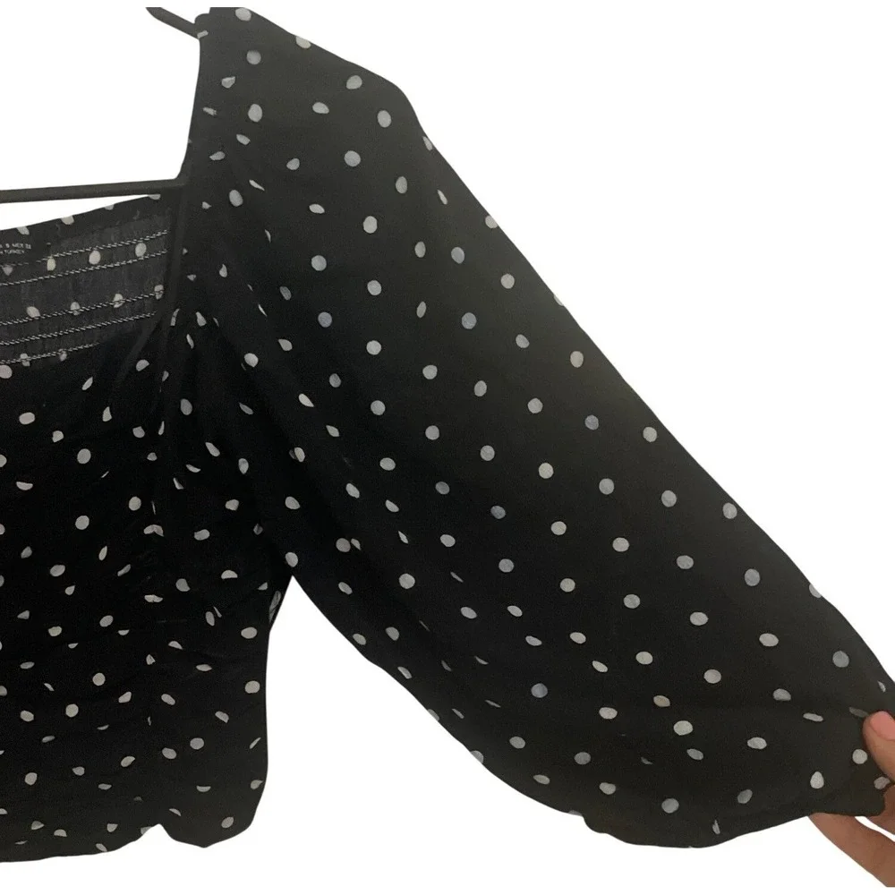 Zara Women Blouse Polka Dot Ruched Smocked Puff Sleeve S Black Cottagecore Retro